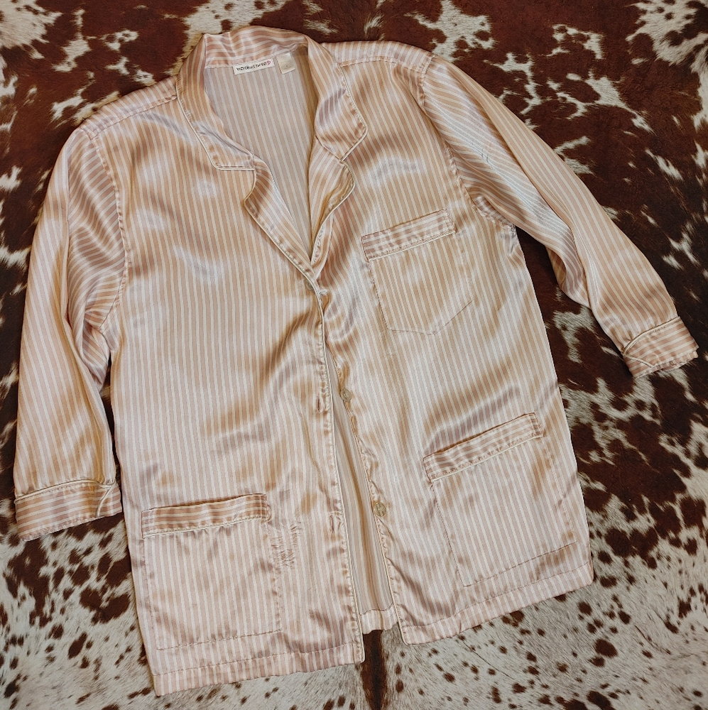 VINTAGE VICTORIA'S SECRET SATIN PAJAMA SLEEP SHIRT, PINK WHITE L